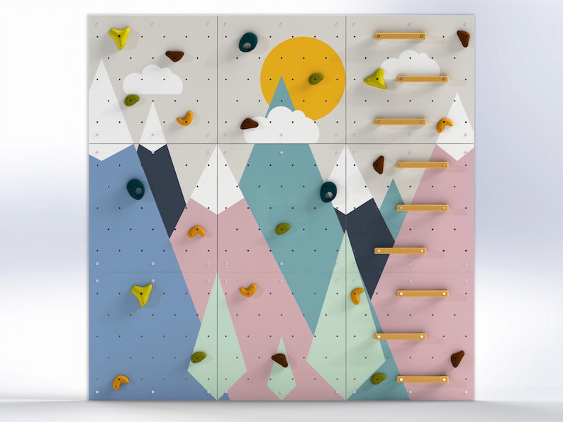 Kletterwand für Kinder – Indoor-Spielwand aus Fels fürs Kinderzimmer | Buntes Bergmotiv, individuell gefertigt, inklusive Klettergriffe mountains / colorful
