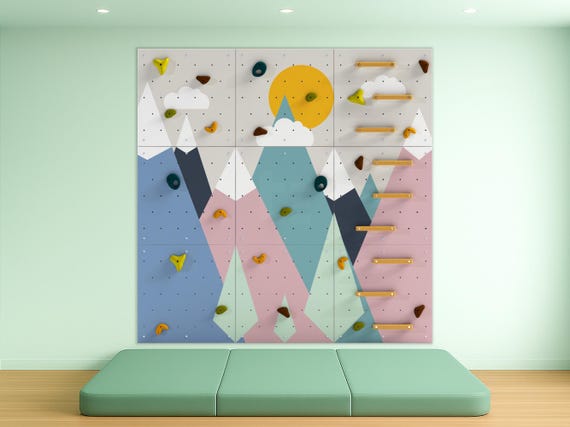 Kids Climbing Wall – Rock Indoor Play Wall for Kids Room  | Colorful Mountains design, Custom made, Climbing Holds included