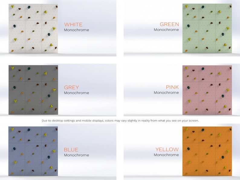 K&ouml;nnte beinhalten: Sechs unterschiedlich farbige Kletterw&auml;nde mit verschiedenen Gr&ouml;&szlig;en und Formen von Klettergriffen. Die W&auml;nde sind wei&szlig;, gr&uuml;n, grau, rosa, blau und gelb. Der Text "WHITE Monochrome", "GREEN Monochrome", "GREY Monochrome", "PINK Monochrome", "BLUE Monochrome" und "YELLOW Monochrome" wird unter jeder Wand angezeigt.