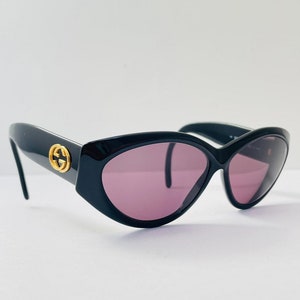 Vintage Gucci Sunglasses Gold Logo Black Wrap Oval Cat&#39;s Eye Small GG1295/S