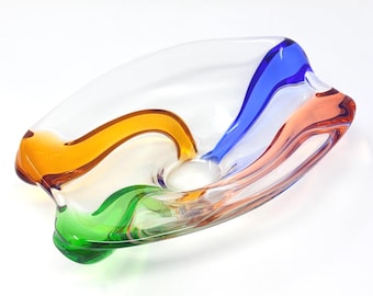 Vintage Frantisek Zemek Rhapsody Art Glass Bowl - Colorful Stripes - Large Heavy Sturdy - Catchall Key Storage - Czech Bohemian Glass