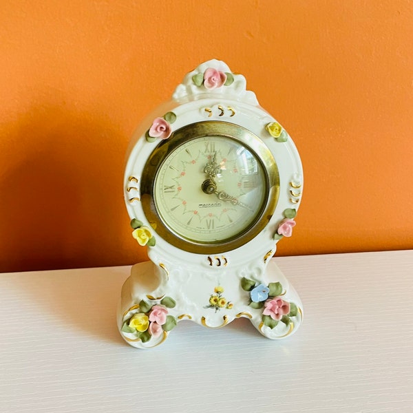 Vintage Ornate Porcelain Dresden Mercedes Clock - Made in Germany - Painted w/ Pink Blue Flowers - Round Circle - Needs Repair - Footed Feet