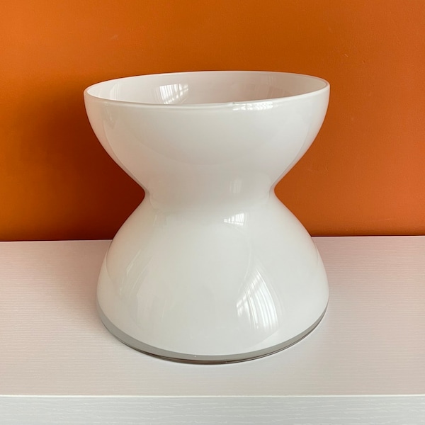 Vintage IKEA Anne Anna Nilsson Glass Bowl Vase - Handcrafted Abstract Hourglass Shape - Milk Milky White Glass Opaque Minimalist 18347 0829