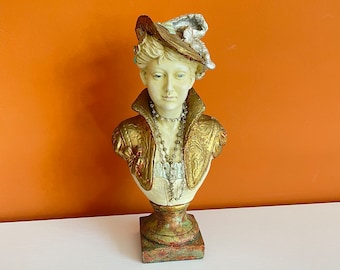 Vintage Victorian Bust of a Woman Gentlelady Lady w/ Moveable Necklace Strands - Feather Hat - Blue Eyes - Statue Figurine Sculpture Plaster