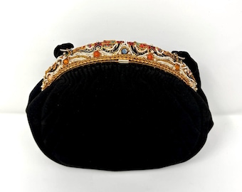 Vintage Cloisonne Emaille Verkrustete Schwarze Wildleder Abendtasche - Handtasche - Made in France - Blumen Blumiger Goldverschluss