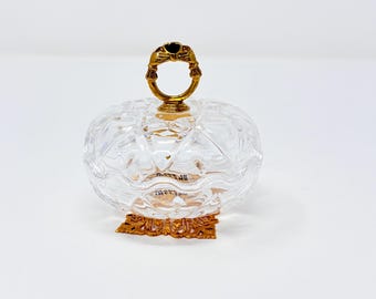 Vintage Killarney Ireland Claddagh Crystal Glass Dish w/ Lid - 22K Gold Plated   - Green Faux Emerald Stone - Footed Ring Jewelry Tray