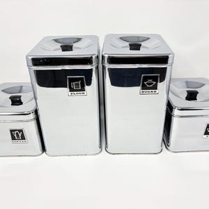 Vintage MCM Lincoln Beauty ware Chrome Kitchen Canister Set of 4 - Stainless Steel - Flour Sugar Coffee Tea - Rectangular Boxy Shiny