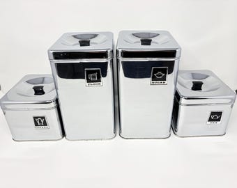 Set di 4 barattoli da cucina vintage MCM Lincoln Beautyware cromati - Acciaio inossidabile - Farina, zucchero, caffè, tè - Rettangolari, squadrati, lucidi