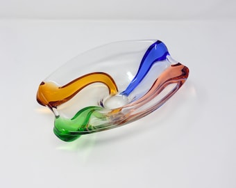Tigela vintage de vidro artístico Frantisek Zemek Rhapsody - Listras coloridas - Grande, pesada e resistente - Ideal para guardar chaves - Estilo boho checo