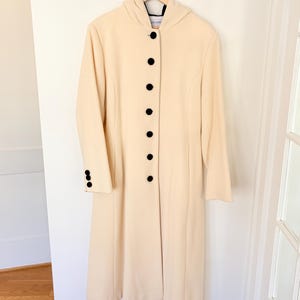 Vintage JG Hook Long Hooded Coat - Size 14 - 100% Wool White Cream - Black Velvet Buttons Hoodie - w/ Pockets - Single Breasted