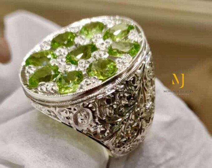 Natural Peridot Ring, Handmade Sterling Silver 925 Ring with Natural Peridot Hand-Engraved Design, August Birthstone