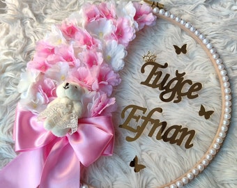 Personalized Spring Flowers Princess Wall Sign, Door Ornament Baby Room, Custom Kids Room Wall Hanging, Hospital Room Baby's Name Tag Decor