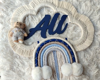 Personalized Macrame Cloud Wall Wood Sign, Door Ornament Baby Room, Custom Kids Room Wall Hanging, Hospital Room Baby's Name Tag Decor