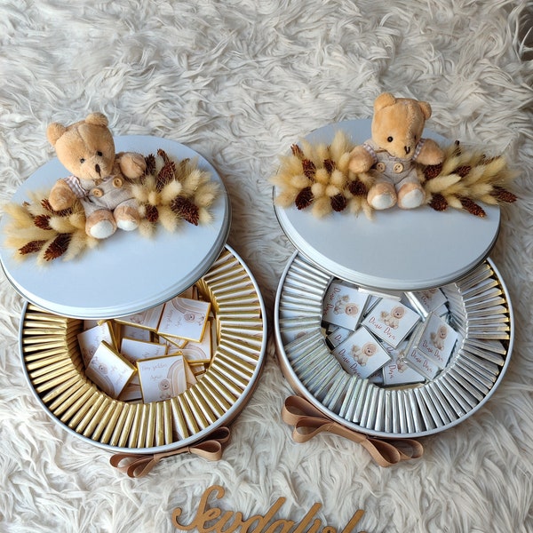 Baby Shower Custom Metal Box Chocolates Favors For Newborn With flowers And Teddy Bear