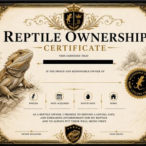 Könnte beinhalten: Ein cremefarbenes Reptilien-Besitzzertifikat mit dekorativem Goldrand. Es zeigt eine Illustration einer Bartagame, ein schwarzes Schildelement und Text, einschließlich "REPTILE OWNERSHIP CERTIFICATE" und "RESPONSIBLE OWNER LIFELONG CARE."
