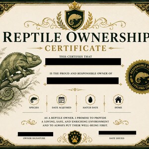 Könnte beinhalten: Ein cremefarbenes Reptilien-Besitzzertifikat mit verzierten schwarzen und goldenen Rändern. Es zeigt eine detaillierte Illustration eines Chamäleons auf einem Ast, ein goldenes Siegel und Textfelder für Besitzerdetails, Art und wichtige Daten.