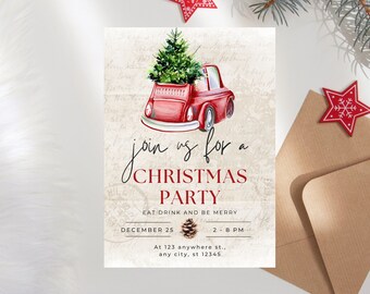 Könnte beinhalten: Ein rotes Vintage-Auto mit einem Weihnachtsbaum im Kofferraum. Das Auto befindet sich auf einem weißen Hintergrund mit einem Vintage-Design. Der Text auf der Einladung lautet: "join us for a CHRISTMAS PARTY EAT DRINK AND BE MERRY DECEMBER 25 2 - 8 PM At 123 anywhere st., any city, st 12345"