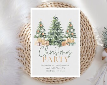 May include: A Christmas party invitation featuring a watercolour illustration of three green Christmas trees adorned with gold baubles and presents. The text reads "Christmas Party" in gold script with "December 20, 2022 | 6:00 PM" and "5456 Holly Way, WA" in black text. The RSVP number is "202-555-0143".