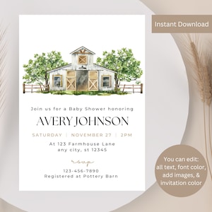 Farmhouse Baby Shower Invitation, Editable Barnhouse Invitation, Bridal Shower Invite, Wedding Invitation