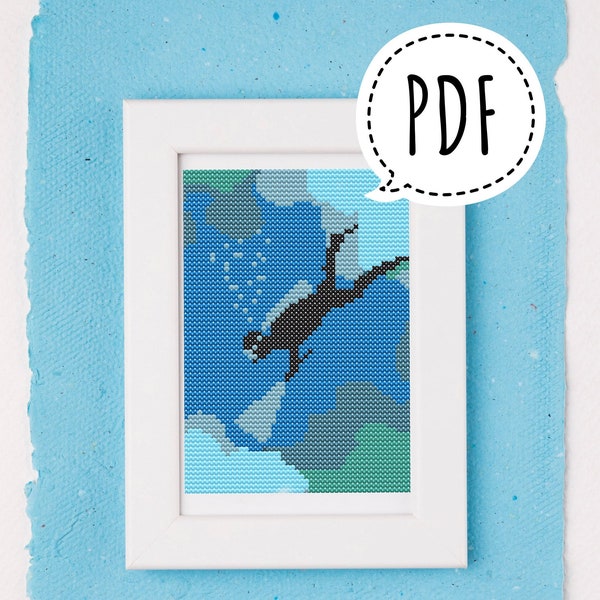 Scuba diving cross stitch pattern PDF, deep ocean diver embroidery pattern, small easy cross stitch pattern digital file instant download