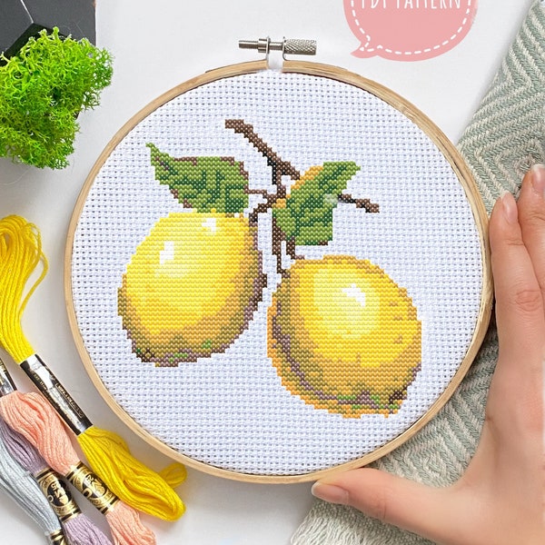 Lemons cross stitch pattern PDF, fruit cross stitch embroidery pattern, mini small modern cross stitch pattern instant download