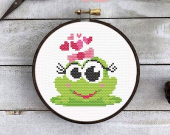 Cute kawaii frog cross stitch PDF pattern, animal embroidery, cute frog easy cross stitch pattern instant download