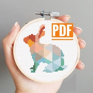 Geometric rabbit cross stitch pattern PDF, modern easy hare animal embroidery, bunny small cross stitch pattern instant download