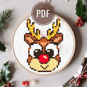 Christmas reindeer cross stitch PDF pattern, cute deer embroidery, mini cross stitch Christmas ornament gift, cross stitch instant download