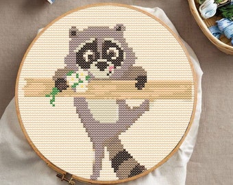 Raccoon cross stitch pattern PDF, funny raccoon wall art, animal embroidery pattern digital file instant download