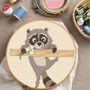 Raccoon cross stitch pattern PDF, funny raccoon wall art, animal embroidery pattern digital file instant download