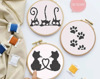 Black cats cross stitch pattern PDF set of 3 cute kawaii easy embroidery patterns, modern cross stitch wall decor