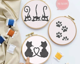 Black cats cross stitch pattern PDF set of 3 cute kawaii easy embroidery patterns, modern cross stitch wall decor