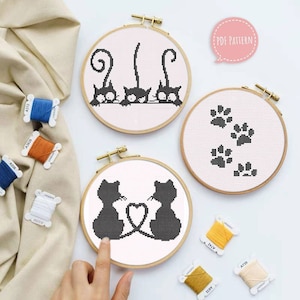 Black cats cross stitch pattern PDF set of 3 cute kawaii easy embroidery patterns, modern cross stitch wall decor