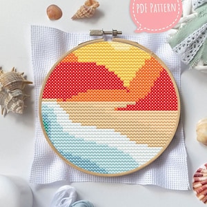 Sonnenuntergang Kreuzstich Stickmuster, moderne Mini Kreuzstich Stickmuster PDF Download, Stickmuster Landschaft, Meer, Meer, Kreuzstich digitale Datei