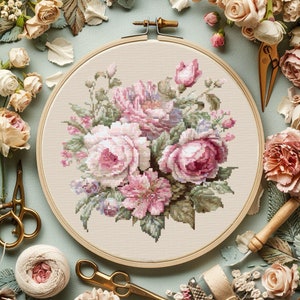 Roze rozen boeket kruissteekpatroon pdf, bloemen getelde kunst, moderne lente bloemenborduurwerk, natuurontwerpkaart instant download