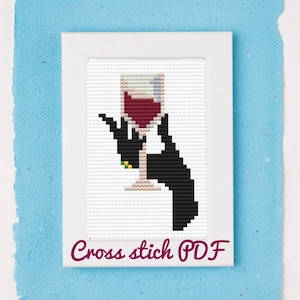 Hand and wine cross stitch PDF pattern, modern small easy cross stitch for beginners, mothers day gift fashion design instant download