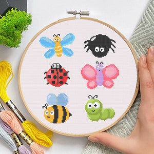 Cross stitch beetle pattern PDF, cute butterfly, bee, spider wall art, insect bugs embroidery pattern digital file instant download