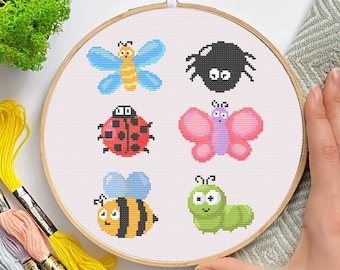 Motif de coléoptère au point de croix PDF, papillon mignon, abeille, art mural araignée, insecte bugs broderie motif fichier numérique téléchargement immédiat