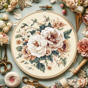 Schema punto croce bouquet di rose beige PDF, fiori contati arte, ricamo floreale primaverile moderno, schema disegno natura download immediato