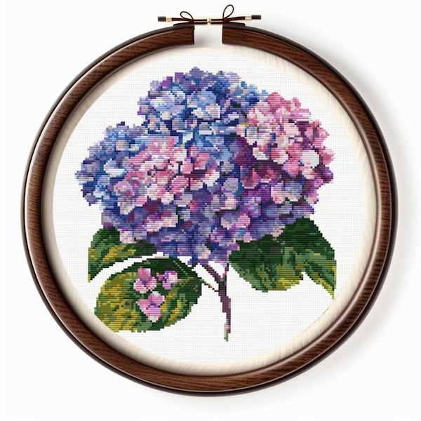 Hydrangea cross stitch pattern pdf, pink and blue hortensia cross stitch floral embroidery,  counted cross stitch chart instant download