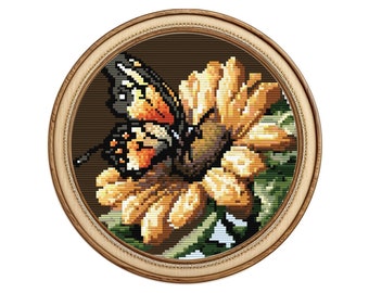 Butterfly flower modern cross stitch pattern PDF download, insect floral counted cross stitch, botanical simple cross stitch digital file