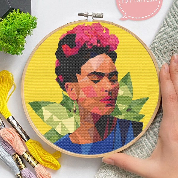Frida cross stitch PDF pattern, modern easy cross stitch, art portrait embroidery feminist design instant download