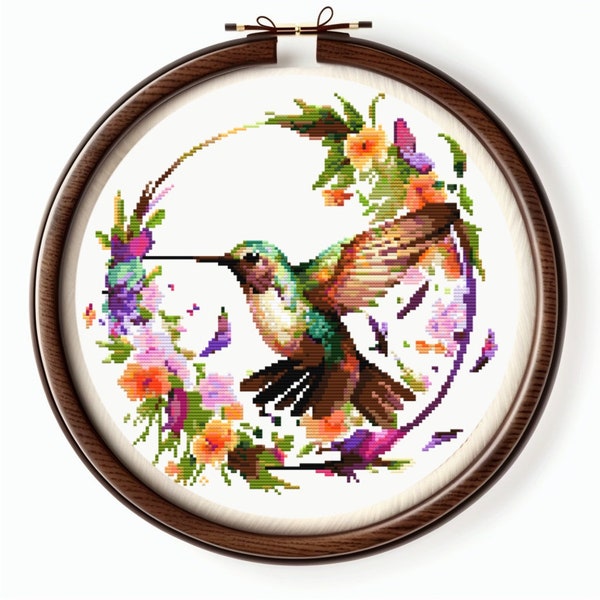 Hummingbird in flowers cross stitch pattern PDF download, Colibri with flowers embroidery, modern round fashion cross stitch digital file