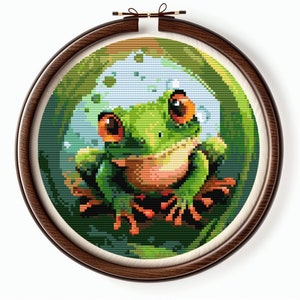 Cute frog with big eyes cross stitch pattern PDF download, modern animal frog embroidery, round printable cross stitch pattern