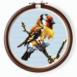 Goldfinch bird on the branch cross stitch pattern PDF download, yellow breast bird modern cross stitch embroidery digital file