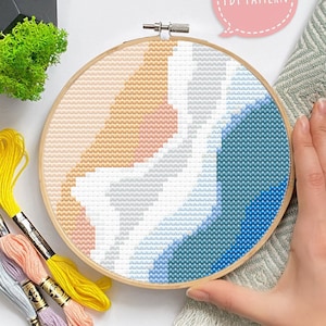 Beach cross stitch pattern PDF download, easy landscape ocean cross stitch pattern digital file, travel embroidery pattern diy