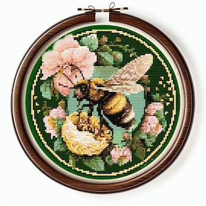 Bee on flower cross stitch pattern PDF download, bumblebee embroidery, insect modern easy botanical cross stitch digital file