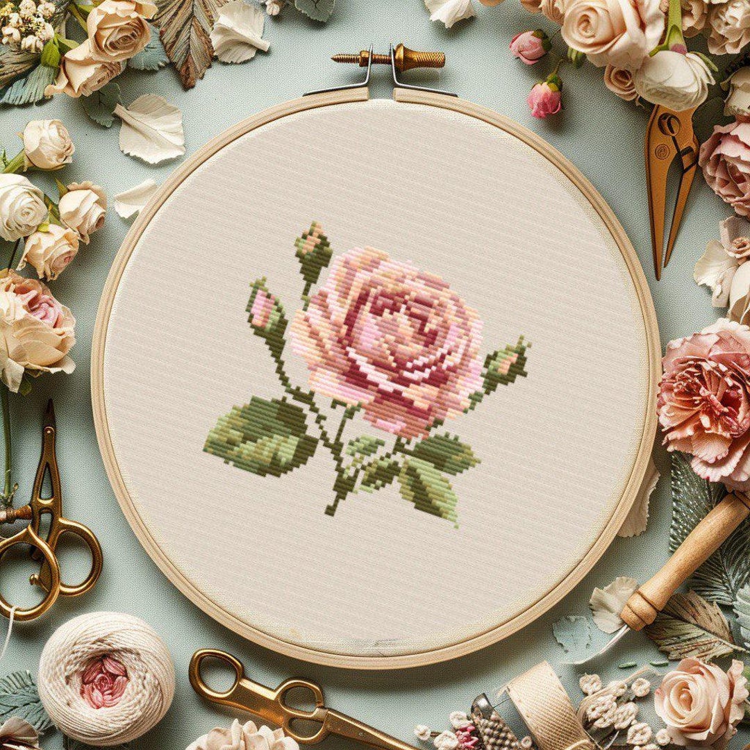 Pattern Kmy Pink Rose With Buds and Leaves Cross Stitch Pattern PDF, Flowers Modern ...