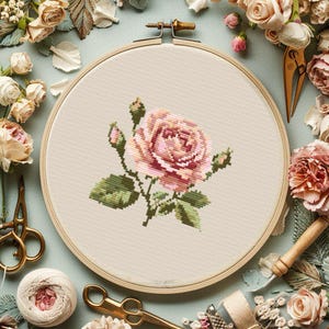 Roze roos met knoppen en bladeren kruissteekpatroon pdf, bloemen modern lente bloemenborduurwerk, natuurontwerpkaart direct downloaden