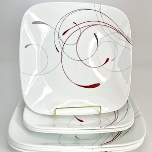 CORELLE Splendor Vitrelle Square Dinner & Salad Plates White Red Gray ...